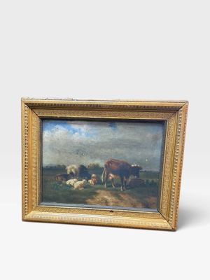 une peinture à l'huile représentant des vaches paissant dans un champ, avec le ciel en arrière-plan