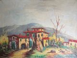 an oil painting of a village scene with a horse in the foreground and mountains in the background