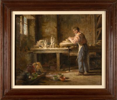 une peinture à l'huile représentant un homme en train de fabriquer des poteries dans un atelier