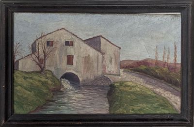 an oil painting of a house by a stream in a field