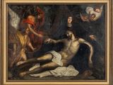 an oil painting of jesus on the cross being taken from the cross by angels