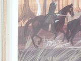 a painting of two people riding horses in the woods