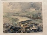 painting of a view of a city with a bridge over a river
