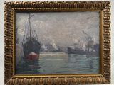an oil painting of a boat in the water with a red boat in the background