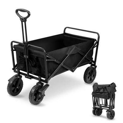 a close up of a black wagon with two wheels and a bag