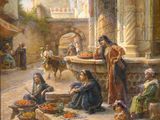 an oil painting of a group of people in a courtyard