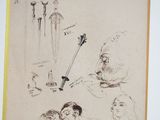 sketches of a man and a woman with a violin and other objects