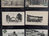 several old black and white photos of people on a beach