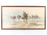 tableau représentant un homme à dos de chameau, avec un troupeau de chameaux en arrière-plan