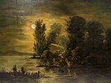 an oil painting of a river scene with a boat in the water