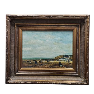 an image of a painting of a landscape with cows in the distance