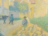 un tableau représentant un troupeau de moutons qui descend dans la rue