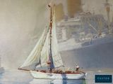 a painting of a boat in the water with a city in the background