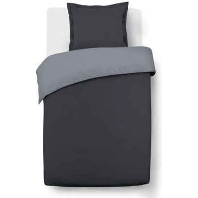 une photo d'un lit avec une couette noire et grise