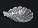 clear glass shell shaped dish on a black background