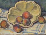 a painting of a bowl of peaches on a table