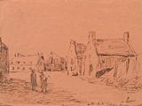 dessin représentant une scène de village avec un homme à vélo et une femme à cheval
