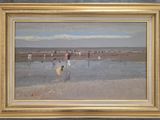 tableau représentant une scène de plage avec des personnes marchant sur le sable