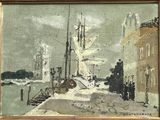 peinture représentant une scène de port avec des bateaux et des personnages