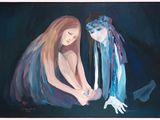 painting of two women with hands on their knees, one of which is holding a candle