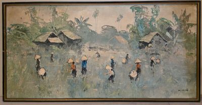 un tableau représentant un groupe de personnes marchant dans un champ