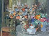 une peinture représentant un vase de fleurs sur une table