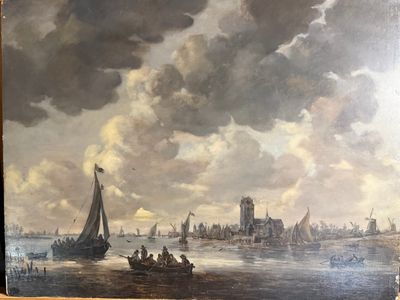 tableau représentant une vue d'un port avec des bateaux au premier plan et un château au loin