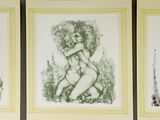 three black and white drawings of a naked woman in a forest