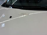 a close up of a white car with a license plate on it