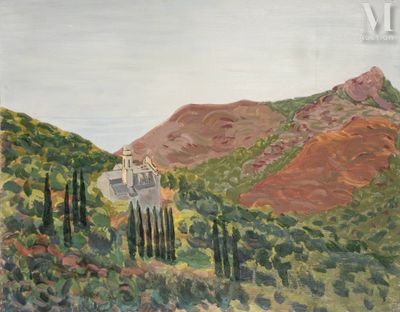 une peinture à l'huile représentant une colline surmontée d'un château