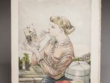painting of a woman sitting on a ledge reading a book