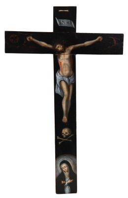 a wooden cross with a painting of jesus on it