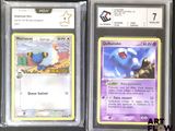 Deux cartes Pokémon sont exposées sur une surface noire.