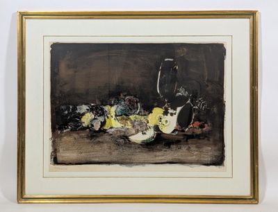 une image représentant une nature morte avec des fruits et un verre à vin