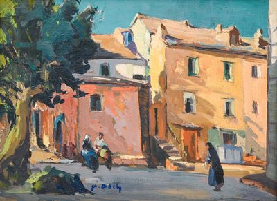 un tableau représentant des personnes marchant dans une rue d'une ville