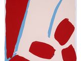 an image of a red and white painting of a helmet