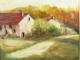 a painting of a farm with a red roof and a white house