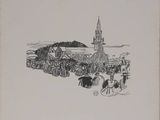 a drawing of a church with a horse drawn carriage in front of it