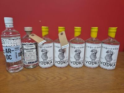 six bouteilles de vodka sont alignées sur une table