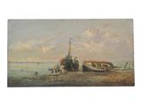 an oil painting of a boat on the beach with people near it