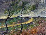 painting of two trees in a field with a cloudy sky