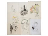 Plusieurs dessins représentant des personnes et des animaux sont exposés sur une surface blanche