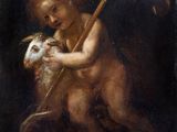 an image of a painting of a child holding a goat