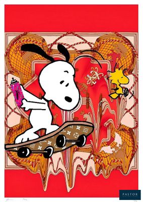 snoop on a skateboard with a bee on a red background