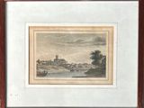 an old picture of a river scene with a castle in the background