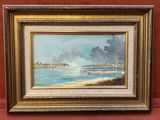 une peinture à l'huile d'une scène de plage avec des bateaux dans l'eau