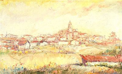 painting of a painting of a village with a river and a bridge