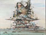 une peinture représentant un bâtiment situé au milieu de l'eau