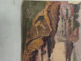 a picture of a painting of a train coming down the tracks