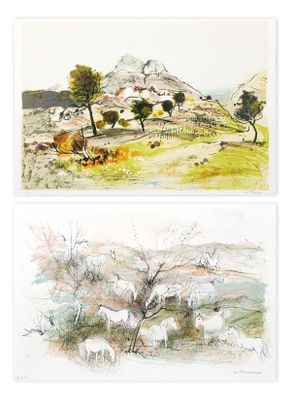 trois aquarelles représentant des moutons paissant dans un champ, avec une montagne en arrière-plan